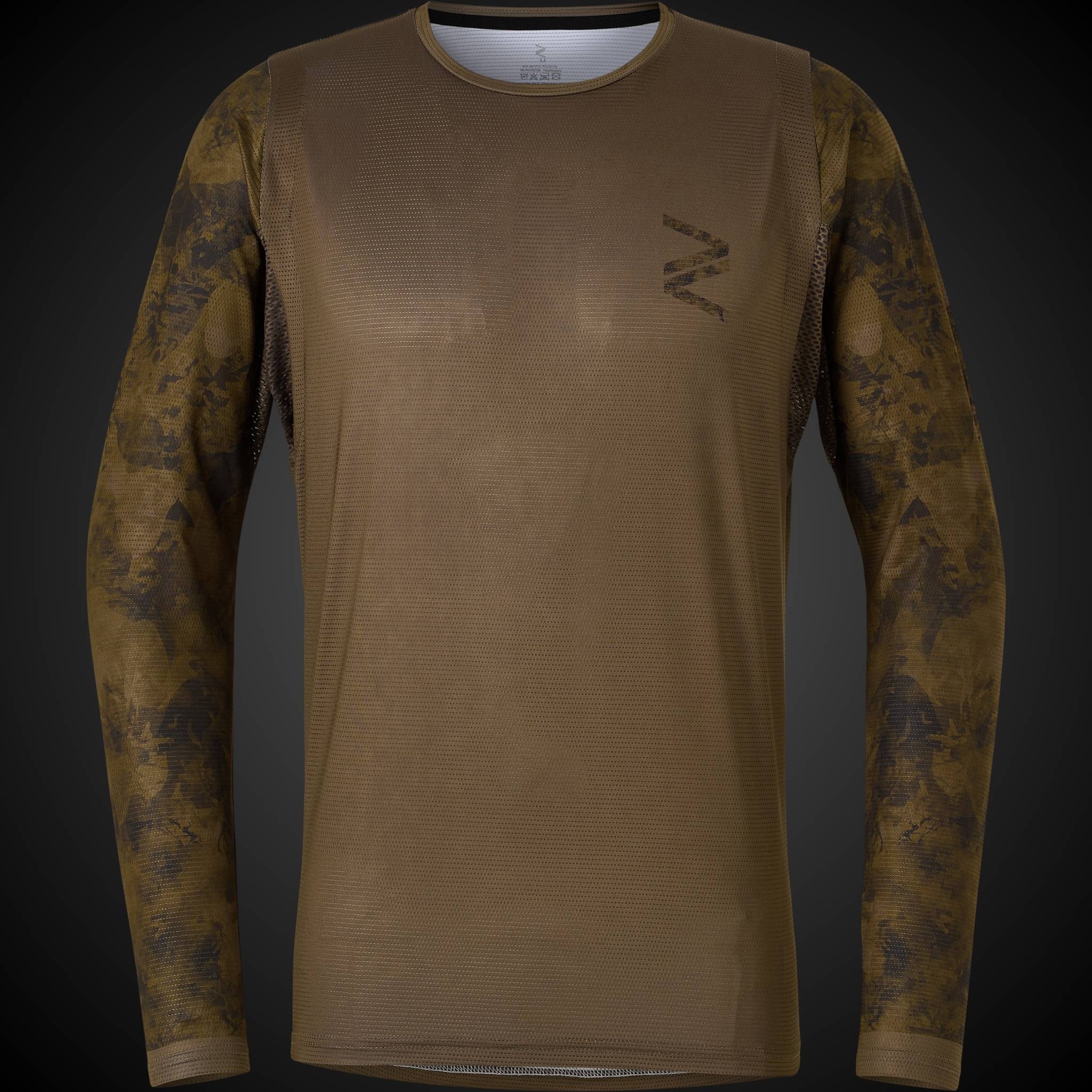 Khaki long-sleeve enduro mountain bike jersey, made with sustainable stretch fabric, ideal for downhill biking.