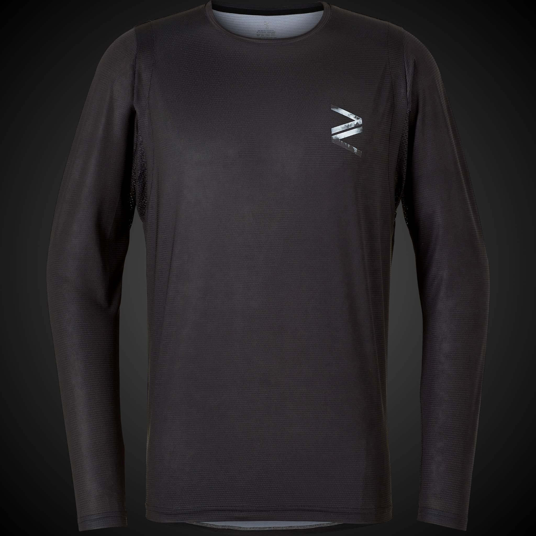 Black long sleeve jersey for mountain biking, designed with sustainable stretch fabric, perfect for enduro and downhill riding
